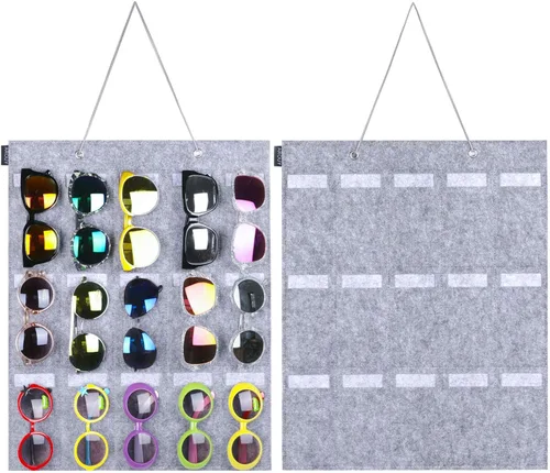 Vista 11 de AROUY Organizador de gafas de sol, organizador de gafas con bolsillo para colgar en la pared - Organizador de gafas de sol con 16 ranuras de fieltro
