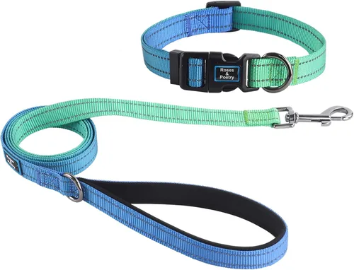 Vista 12 de Roses&Poetry - Juego de collar y correa reflectante para perros pequeños, arneses para cachorros con collares, collar y correa de nailon ajustable