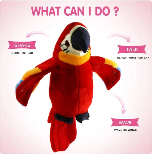 Vista 2 de Houwsbaby Loro Parlante de Peluche Rojo de 9'' Compañero que Repite Lo Que Dices con Grabación, Animal de Peluche Guacamayo Electrónico Interactivo