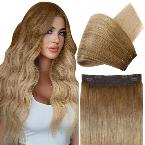 Vista 18 de Fshine - Extensiones de cabello con hilo invisible de 12 pulgadas, color rubio ceniza con reflejos de rubio decolorado, pieza de cabello humano real