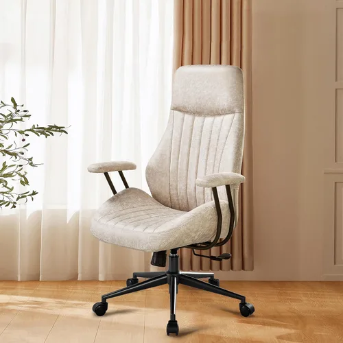 Vista 14 de Silla de oficina Mid Century Modren, silla ejecutiva giratoria con soporte lumbar, silla de escritorio ergonómica de respaldo medio con ruedas Beige