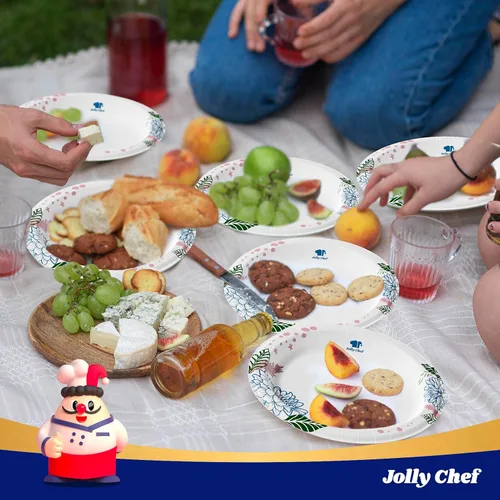 Vista 7 de JOLLY CHEF Platos de papel desechables resistentes con estampado de flores, a prueba de remojo, cortes, resistentes para uso diario