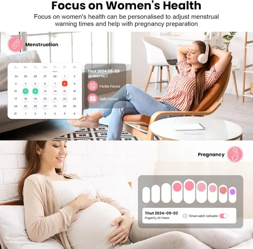 Vista 3 de Reloj inteligente para mujer, reloj de fitness de 1.83 pulgadas con presión arterial, llamadas/mensajes, seguimiento de ciclo femenino, frecuencia