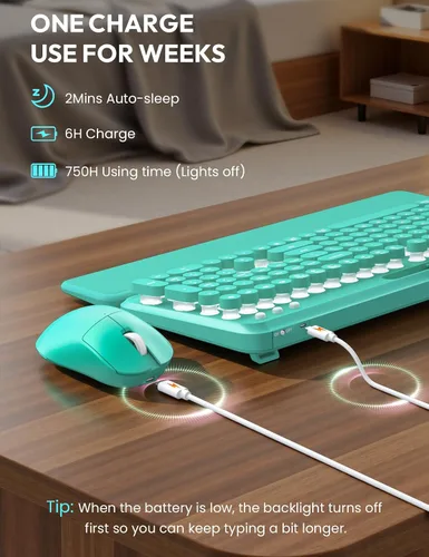 Vista 6 de Combo de teclado y mouse inalámbricos: teclado retroiluminado con reposamuñecas magnético y soporte para teléfono, teclas redondas iluminadas, juego