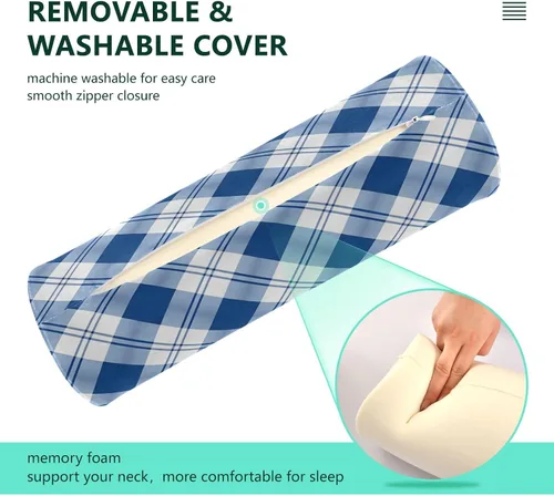 Vista 4 de Qilmy Blue White Plaid Neck Roll Pillow, Memory Foam Round Pillow Cylinder Bolster Pillow for Sleeping, Cervical Roll Pillows for Pain Relief, 17" X
