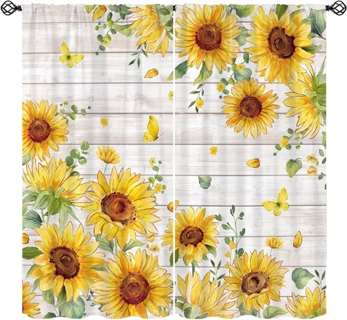 Vista 8 de Sunflower Curtains for Living Room Bedroom, Spring Nature Blue Sky and Butterfly Window Drapes, Rustic Wooden Fence Floral Botanical Decor, 2 Panels
