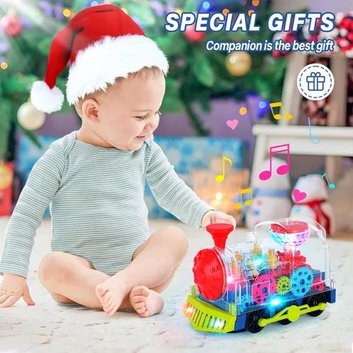 Vista 7 de Juguetes de tren iluminado para niños pequeños, juguetes sensoriales interactivos para autismo con engranajes móviles coloridos, música y luz LED