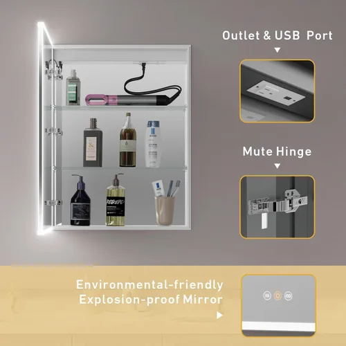 Vista 4 de Botiquines empotrados para baño con espejo, solo gabinete de medicina empotrado con desempañador, atenuador, tomas de corriente y USB, tres puertas