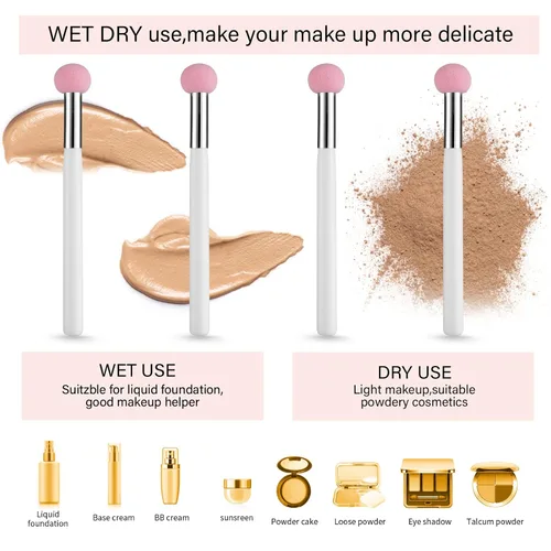 Vista 5 de Sibba Juego de 4 brochas de base de maquillaje con mango rosa y blanco para polvo, rubor, contorno y corrector, incluye esponja, pinceles de mezcla
