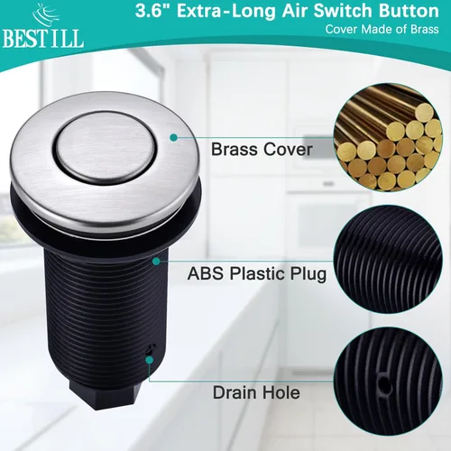Vista 2 de BESTILL Kit de interruptor de aire de eliminación de basura con doble salida, botón largo de acero inoxidable de níquel cepillado para triturador