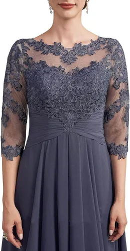Vista 5 de Vestido formal de gasa con media manga para madre de la novia, vestido formal de encaje fruncido, vestido de fiesta de noche para boda, RO23