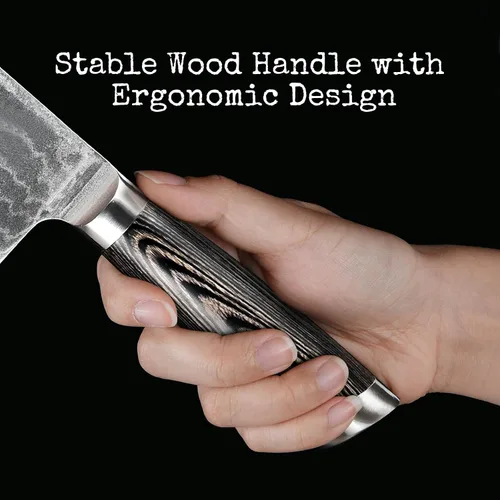 Vista 5 de Cuchillo Damasco Nakiri, cuchillo de cocina profesional de 7 pulgadas con mango ergonómico de madera antideslizante, japonés 10Cr15CoMoV, cuchillo