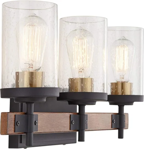 Vista 7 de Possini Euro Design Kata Farmhouse - Lámpara de pared rústica de madera sintética negra con cable de 22 pulgadas, 3 lámparas, cristal cilíndrico