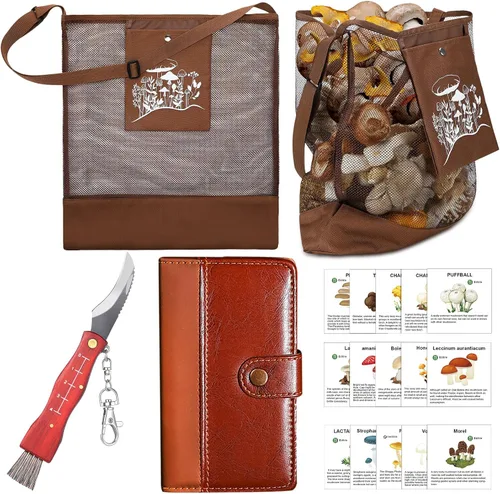 Vista 9 de Seajan Kit de Forraje de Setas de 18 Piezas con Bolsa de Caza, Cuchillo, Cepillo, Tarjetas Guía y Cuaderno para Amantes de las Setas (Verde Ejército)