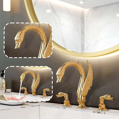 Vista 4 de Oro dorado adornado estilo cisne baño fregadero grifo combinado cubierta montaje fregadero mezclador grifo conjunto agua fría caliente