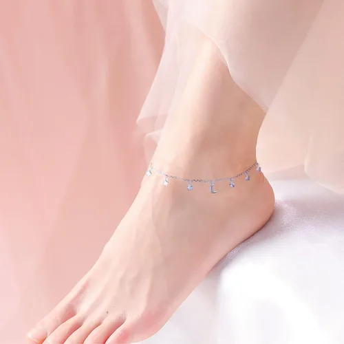 Vista 2 de Tobillera de plata de ley para mujer, delicada cuenta, corazón, infinito, estrella, letra inicial, bohemio, ajustable, tobillera para el pie
