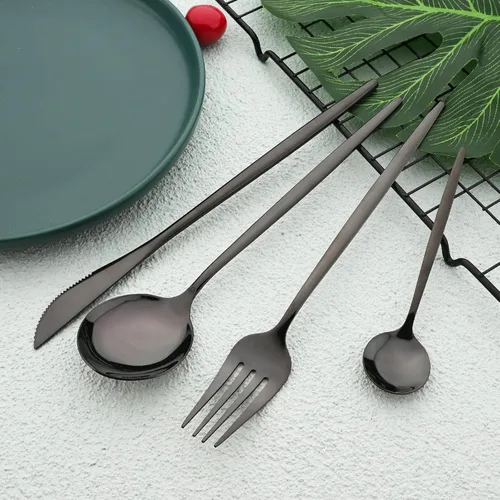 Vista 2 de Juego de cubiertos de 24 piezas, juego de cubiertos de acero inoxidable con espejo, cucharas, tenedores, cuchillos, diseño moderno, servicio para 6