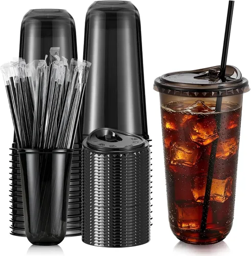 Vista 17 de Ziliny Paquete de 50 vasos de plástico transparente negro de 12 onzas con tapas y popotes, vasos desechables para mascotas, taza de café helado