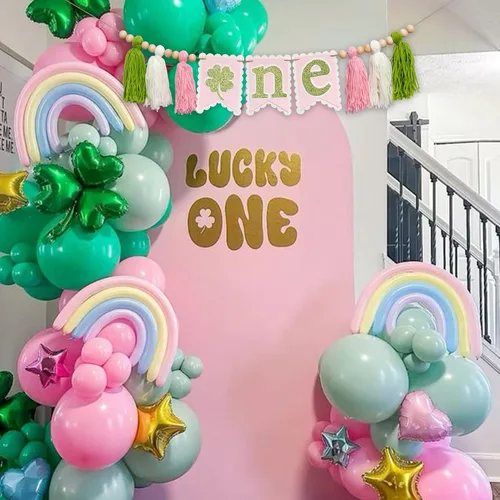 Vista 3 de Cartel para silla alta del Día de San Patricio, suministros para fiesta de primer cumpleaños, letrero de trébol de cuatro hojas, accesorios de fondo