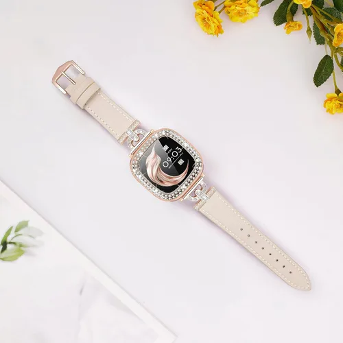Vista 2 de Correa de cuero compatible con Fitbit Sense 2/Versa 4 para mujeres, elegante correa de cuero con hebilla metálica en forma de D con strass con funda