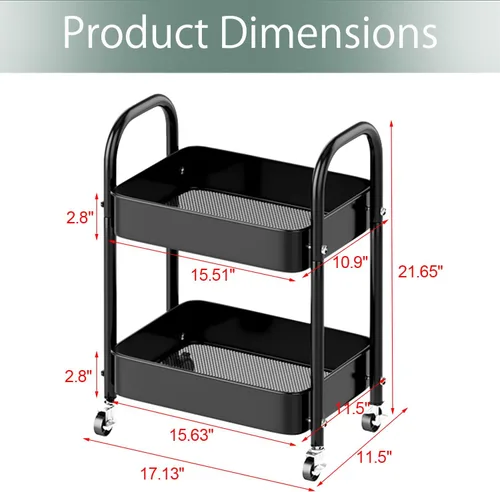 Vista 4 de Melody House Carrito de almacenamiento rodante de 2 niveles totalmente metálico con asa y ruedas con bloqueo - Organizador para cocina, lavandería