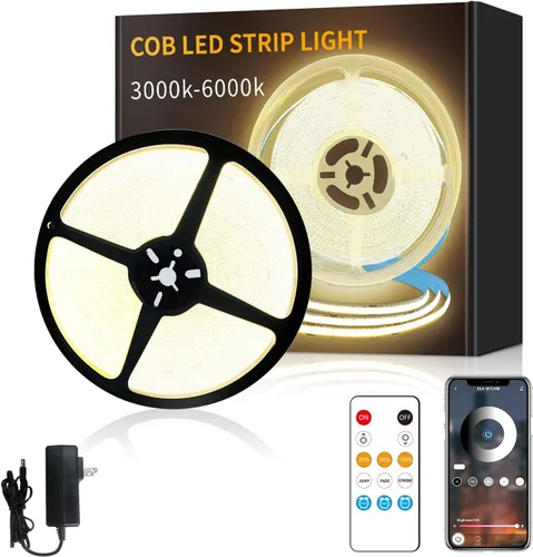 Vista 11 de Tira de luz LED COB de 32.8 pies, color blanco, regulable, CC de 24 V, 6000 K, cinta de luz LED flexible para dormitorio, con control remoto
