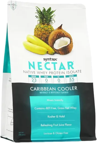 Vista 2 de Syntrax Nutrition Nectar, polvo aislado de proteína de suero 100%, sabor refrescante de frutas, enfriador caribeño, 2 libras