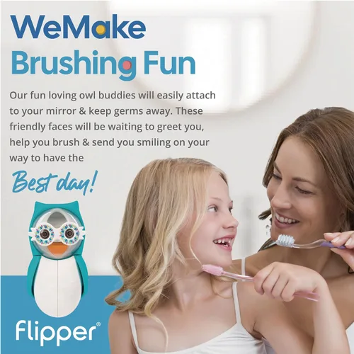 Vista 2 de Flipper Funda para cepillo de dientes de búho verde - Haz que el tiempo de cepillado de dientes sea divertido con nuestro soporte para cepillos