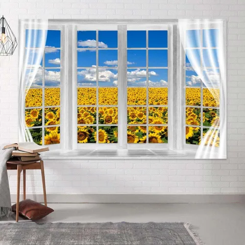 Vista 4 de Telón de fondo de campo de girasol, ventana, paisaje, granja, primavera, flores amarillas, cielo azul, fondo de poliéster de 5 x 3 pies para fotos