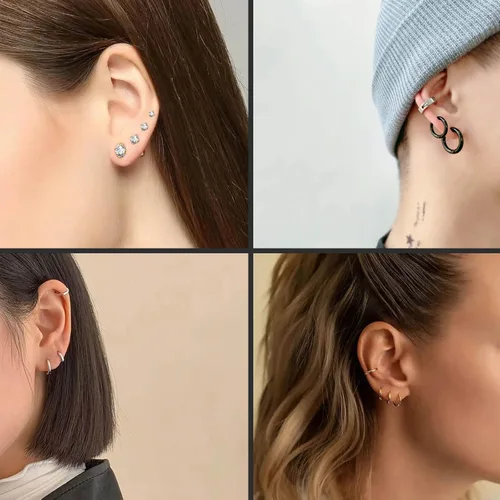 Vista 6 de Juego de aretes Huggie de 0.236 in, 0.315 in, 0.394 in y 0.472 in, hipoalergénicos, pequeños aretes de aro con circonita cúbica para mujeres