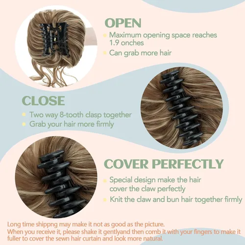 Vista 3 de S-noilite Extensiones de cabello rubio ondulado con clip de garra, extensiones de moño con clip de garra, extensiones de moño para mujer