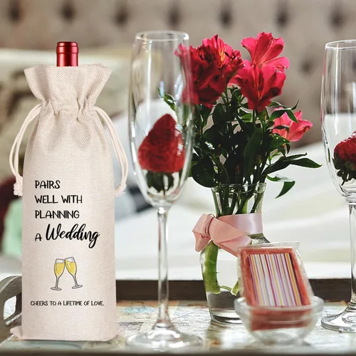 Vista 5 de LANBAIHE Regalos de boda Bolsa de vino, parejas de boda, regalo de novia y novio, bolsa de vino reutilizable de lino