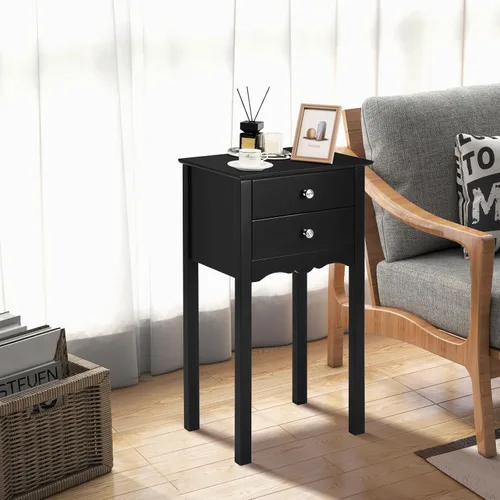 Vista 9 de Giantex Mesa auxiliar con 2 cajones, mesita de noche, mesa decorativa multiusos, sala de estar, dormitorio, muebles para el hogar (1, negro)