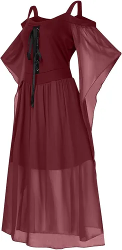 Vista 5 de Vestido punk gótico para mujer, con hombros descubiertos, manga de mariposa, vestido de Halloween, vestido de fiesta de cosplay de Navidad