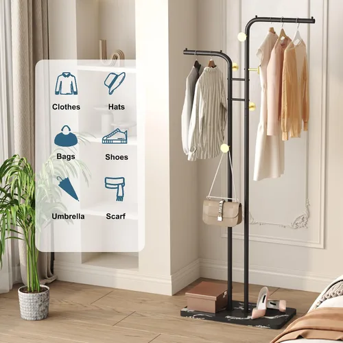Vista 5 de HOMEFORT Perchero de Abrigos, Percheros de Metal Independientes, Soporte de Ropa y Sombreros de Doble Poste con 5 Ganchos para Closet, Dormitorio