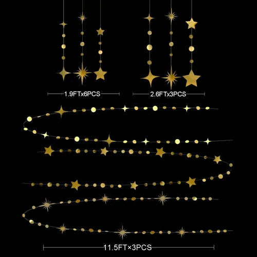 Vista 2 de Guirnalda de papel dorada para decoración de fiesta con estrellas, círculos y puntos, papel brillante, banderines, serpentinas metálicas