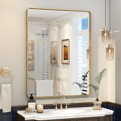 Vista 53 de Espejo rectangular para pared de baño de 20x30 pulgadas con marco negro mate, espejo de tocador con esquinas redondeadas, espejo de baño de metal