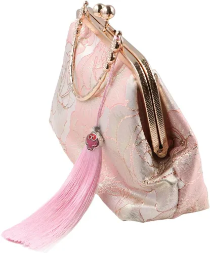 Vista 5 de Bolso vintage para mujer, bolso de noche con asa superior, bolso de banquete bordado, estilo chino, cartera, bolso de mensajero de hombro, Rosado