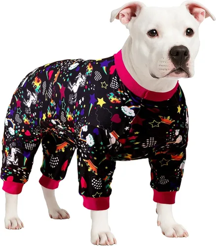 Vista 9 de LovinPet Pijamas grandes para perros Pitbull: cuidado de heridas/ropa de perro poscirugía, mamelucos para perros, estampado negro de arco iris