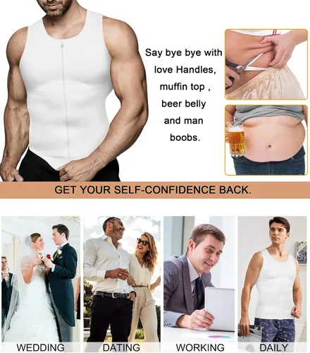 Vista 5 de Irisnaya Camiseta de compresión para hombre, adelgazante, chaleco moldeador de cintura, entrenamiento de cintura, camisetas sin mangas de apoyo