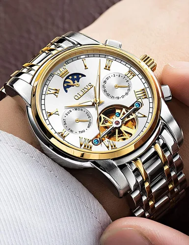 Vista 5 de OLEVS Relojes automáticos de cuerda automática para hombre, fecha y día, calendario, relojes de acero inoxidable, movimiento esquelético