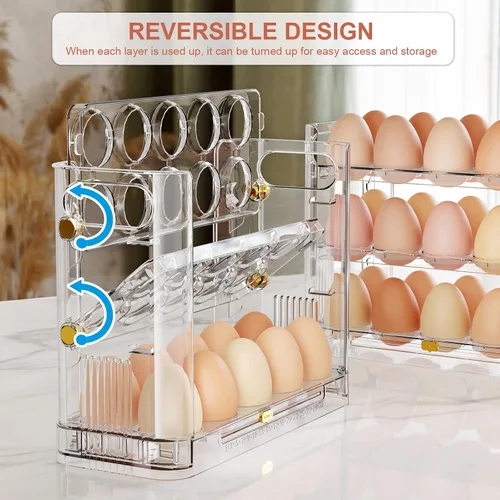 Vista 7 de Soporte reversible para huevos para refrigerador y encimera, bandeja de almacenamiento transparente para 30 huevos