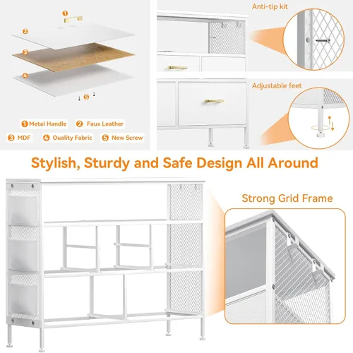 Vista 9 de Cómoda blanca YILQQPER para dormitorio, soporte de TV con 6 cajones, cómoda de dormitorio con enchufes de corriente y luz LED, cómodas de tela