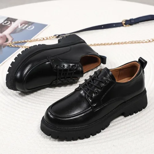 Vista 5 de Zapatos Oxford para mujer, zapatos de charol para mujer, plataforma Oxford, brillante, con cordones, punta redonda gruesa, antideslizante