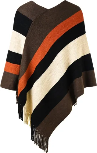 Vista 2 de Suéter tipo poncho a rayas para mujer, estilo casual, chal con flecos versátiles