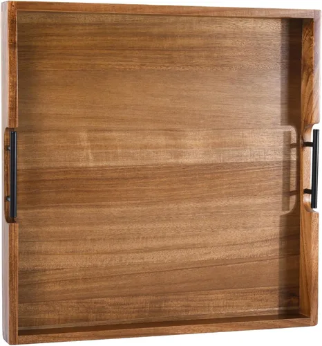 Vista 9 de Joy&Grace Bandeja otomana para sala de estar, bandeja grande de madera de acacia con asas para mesa de café, desayuno en la cama, cena de comida
