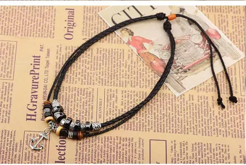Vista 5 de Collar de cuero negro para hombre, estilo tribal, bohemio, hipppie, doble capa, negro, trenzado, con cuentas, colgante de ancla pirata, Cuero, No es