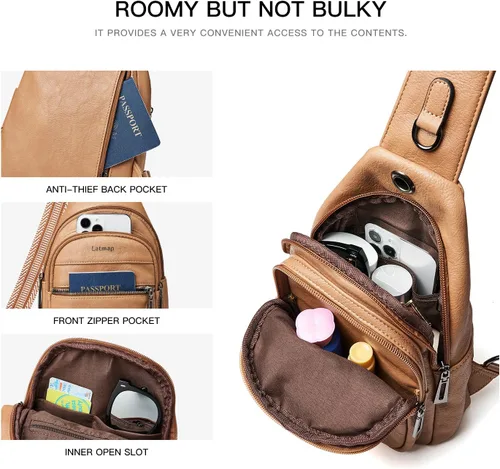 Vista 4 de LATMAP Bolso bandolera para mujeres y hombres, mochila pequeña de cuero, riñonera cruzada para el pecho, bolso impermeable para mujeres