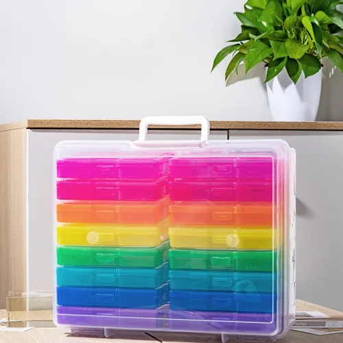 Vista 5 de Estuche de almacenamiento de fotos de 4 x 6 pulgadas con asa, 16 organizadores interiores de fotos, cajas de almacenamiento extra grandes
