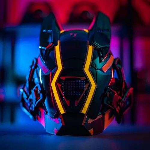 Vista 3 de pafgaf Máscara futurista Cyber Punk amarilla brillante Cyber Helmet máscara cosplay para hombres máscara tecnológica negra de cara completa Samurai